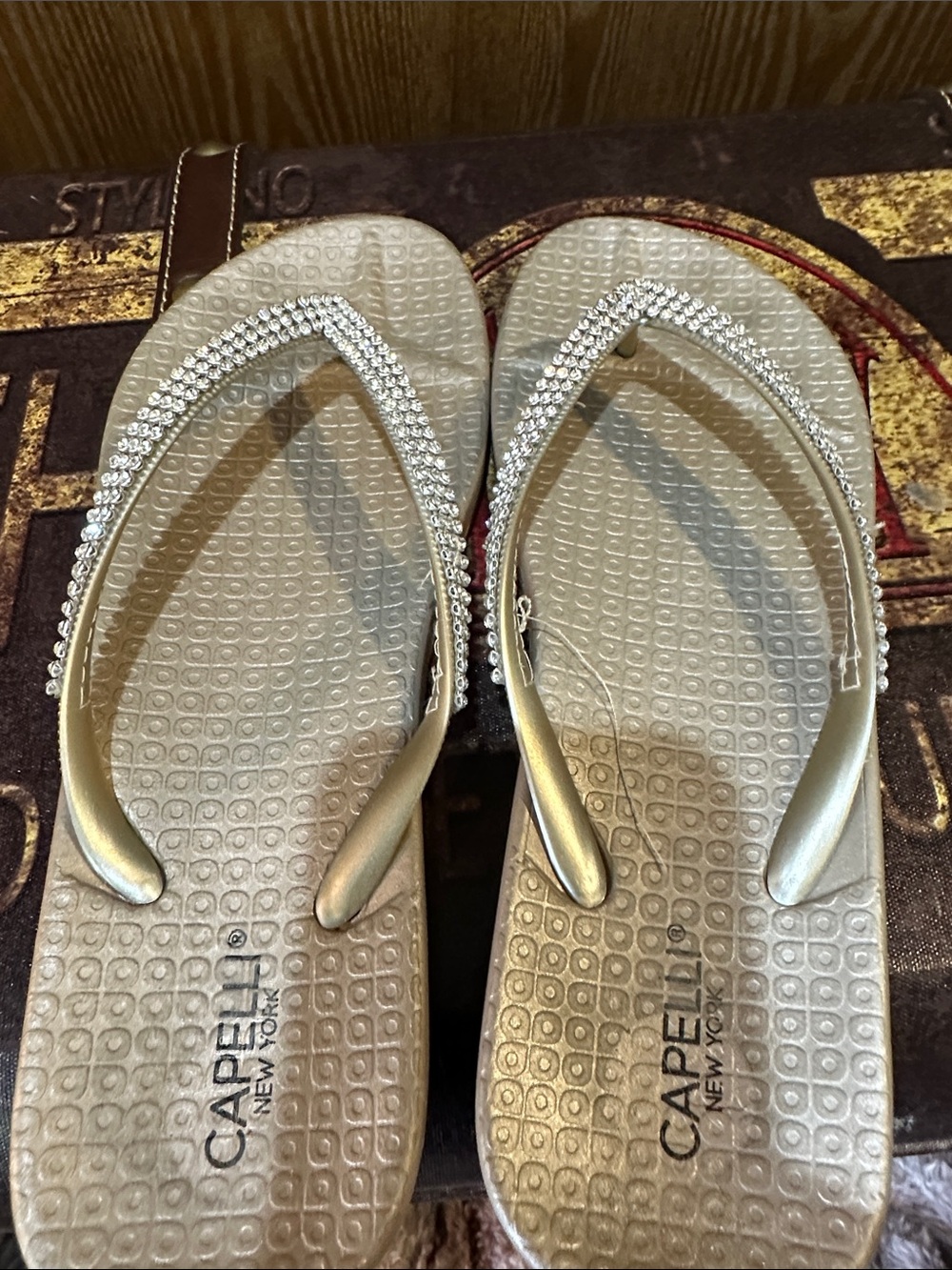 Capezio Gold Rhinestone-Trim Flip Flops